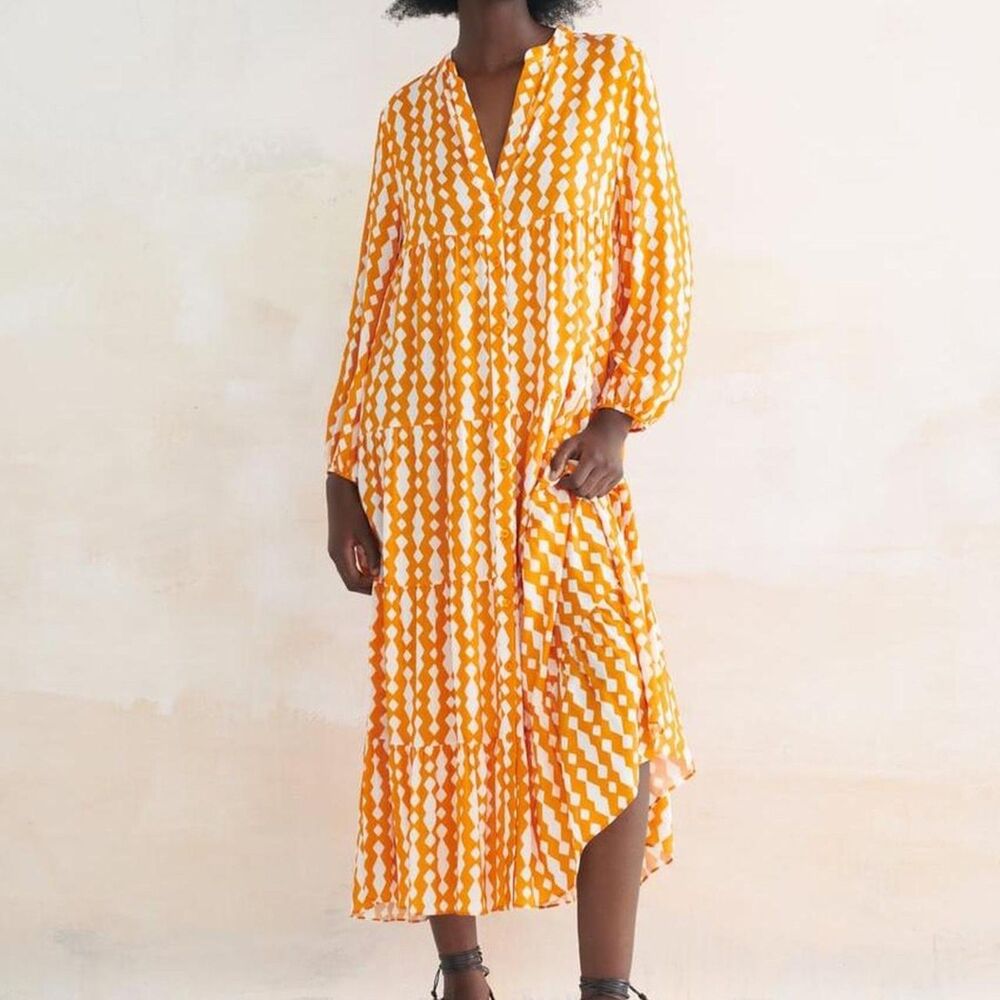 Zara Orange White Geometric Print Tiered Midi Dress Size Medium